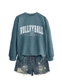 Detail of Volleyball Mama navy sweatshirt paired with distressed light blue denim shorts - Blue Sweatshirt (White Font)