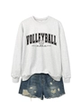 Light grey volleyball mama sweatshirt with distressed denim shorts casual outfit set - Off-White (Black Font)