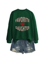 Detail of dark green sweatshirt with pink lettering and frayed denim shorts set - Dark Green