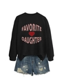 Detail of black crewneck sweatshirt with pink Favorite Daughter text and denim shorts - Black