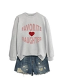 Flat lay of gray Favorite Daughter sweatshirt with pink letters and blue denim shorts - Gray