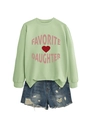 Detail of mint green sweatshirt with pink Favorite Daughter text and ripped denim shorts - Olive Green