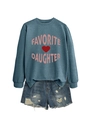 Detailed view of grey-blue crewneck sweatshirt with pink Favorite Daughter heart print - Blue