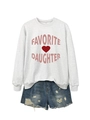 Flat lay of gray Favorite Daughter sweatshirt with heart print and denim shorts - Off-White