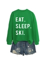 Detail of green crewneck sweatshirt with Eat Sleep Ski print and ripped denim shorts - S / Grass Green (White Font)