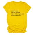 Detail of yellow cotton t-shirt featuring black typewriter text and crew neck design - S / Yellow