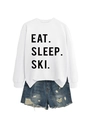 Detail of Eat Sleep Ski printed sweatshirt with distressed denim shorts on white background - White (Black Font)