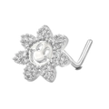 Silver L-shaped nose stud with sparkling sunflower and smiley face design - Sunflower Smile Face (BD00147) / Silver