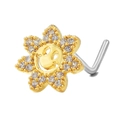 L-shaped sunflower nose stud with clear zircons and smiley face in gold-silver finish - Sunflower Smile Face (BD00147) / Gold