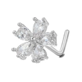 L-shaped stainless steel nose stud featuring a five-petal flower with white zircon stones - Five-Petal Pear Flower (BD00493) / Silver
