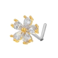 L-shaped gold nose stud featuring a floral design with clear water-drop zircon stones - Five-Petal Pear Flower (BD00493) / Gold