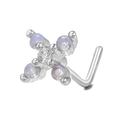 L-shaped stainless steel nose stud featuring a silver cross with blue opal stones - Opal Cross (BD00766) / Silver