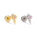 Close-up of gold and silver star helix piercings with pink cubic zirconia stones - Four-pointed Star Style (EGD2817) / Gold