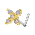L-shaped surgical steel nose stud with purple cross zirconia flower design in gold finish - Opal Cross (BD00766) / Gold