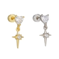 Asymmetric heart and star zircon earrings in gold and silver finish with screw backs - Heart North Star Style (EGD2848) / Gold