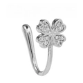 Detail of silver clover nose cuff with white zircon stones and U-shaped opening - Four-Leaf Clover Micro-Pave Style (EGJ0188 White Gold Plated)
