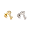 Key shaped stainless steel stud earrings with cubic zirconia in gold and silver finish - Key Shape Style (EGD2892) / Gold