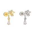 Detailed view of star-shaped stud earrings with water drop pendant and zircon inlay - Four-pointed Star Water Drop Dangle Style (EGD2805) / Gold