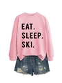 Detail of pink sweatshirt with Eat Sleep Ski print paired with blue denim shorts - Pink (Black Font)