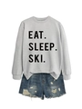 Detail of Eat Sleep Ski slogan print on light grey sweatshirt with denim shorts set - Grey (Black Font)