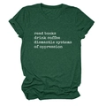 Detail of dark green crew neck T-shirt fabric texture and white printed slogan design - S / Vintage Green