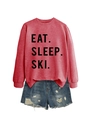 Detail of red long-sleeve sweatshirt with EAT SLEEP SKI text and distressed denim shorts - Red (Black Font)