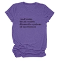 Detail of purple cotton T-shirt featuring Read Books Drink slogan and rolled sleeve cuffs - S / Purple