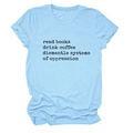 Women's light blue crew neck T-shirt with read books drink coffee print and rolled sleeves - S / Light Blue