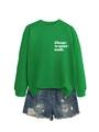 Sweat vert à manches longues avec texte blanc et mini short en jean bleu délavé et déchiré - S / Vert Herbe (Texte Blanc)