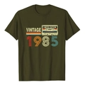 Vintage 1985 men's olive green crew neck t-shirt with retro cassette tape graphic print - Army Green