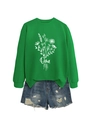 Détail du sweat vert à col rond avec imprimé Oma et mini short en jean déchiré - S / Vert Herbe (Impression Blanche)