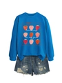 Detail of blue 'teaching is my jam' sweatshirt with strawberry print and ripped denim shorts - Lake Blue (White Graphic)