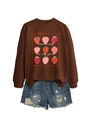 Detail of strawberry print sweatshirt with Teaching Is My Jam slogan and denim shorts - Coffee (White Print)