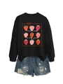 Flat lay of Teaching Is My Jam sweatshirt with strawberry print and ripped denim shorts - Black (White Letters)