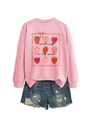 Flat lay of pink sweatshirt with strawberry prints and teaching is my jam text design - Pink (Black Letters)