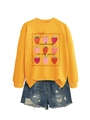 Flat lay of yellow Teaching Is My Jam sweatshirt with strawberry print and ripped denim shorts - Yellow (Black Letters)