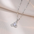 Silver titanium steel necklace with clover pendant and square zircon on satin - Clover Zirconia Necklace (X1685)