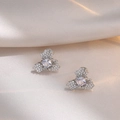Elegant silver three-leaf flower earrings with micro-paved zircons and square center stone - Clover Zirconia Stud Earrings (E278)