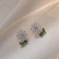 Sparkling zircon flower stud earrings with green leaves on gold silk fabric - Silver Flower Green Leaf (E289)
