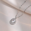 Elegant titanium steel sunburst necklace with oval zircon gemstone on silk background - Silver Necklace and Earrings Set (X1686-Steel Color)