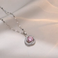 Silver necklace with pink flower zircon pendant on champagne silk background - Pink Flower Zirconia Necklace (X1711)