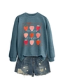 Detail of navy sweatshirt with strawberry graphics and Teaching is My Jam text print - Blue (White Print)