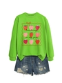 Flat lay of green sweatshirt with strawberries and Teaching Is My Jam slogan on white base - Fluorescent Green (Black Graphic)
