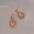 Elegant 925 silver post earrings featuring pink zircon stones and gold plating - Oval Zircon Earrings (E301) / Pink