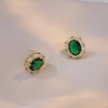 Emerald green oval zircon stud earrings with floral gold setting for women - Emerald Earrings