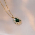 Elegant emerald green zircon flower pendant on a gold titanium steel chain for women - Emerald Green Necklace With Pendant