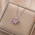 Roze hartvormige zirkoon Saturnus ketting met zilveren titanium stalen ketting dames - Roze Hart Planeet Ketting (X1814)