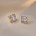 Golden square geometric stud earrings with clear zircon center and small micro-pavé crystals - Gold Square Zircon Earrings (E337)