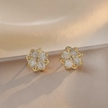 Elegant gold flower stud earrings with four marquise-cut zircons and pavé diamond accents - Gold Flower (E341)