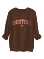 Detail of BESTIES letter print and heart graphic on coffee brown thick sweatshirt - Coffee
